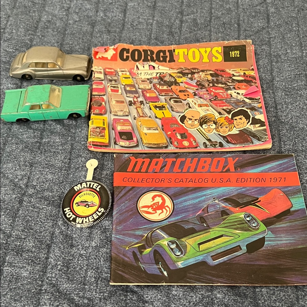 Matchbox vintage cars, Corgi toys and Matchbox vintage catalogs, Mattel tin pin